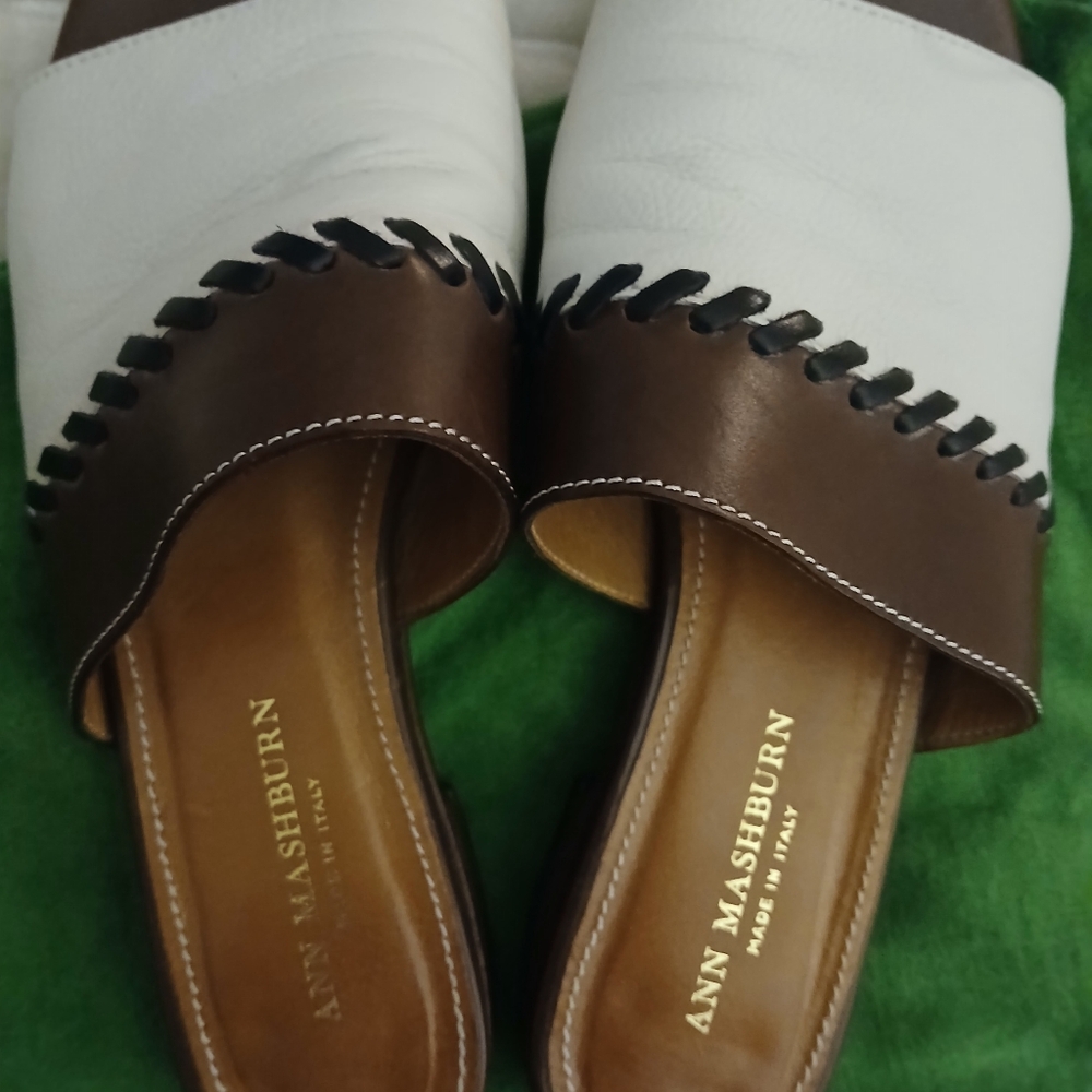 Ann Mashburn White & Brown Spring Italian Lotus Vacation Slides Sandals--37/6.5 - Picture 7 of 12